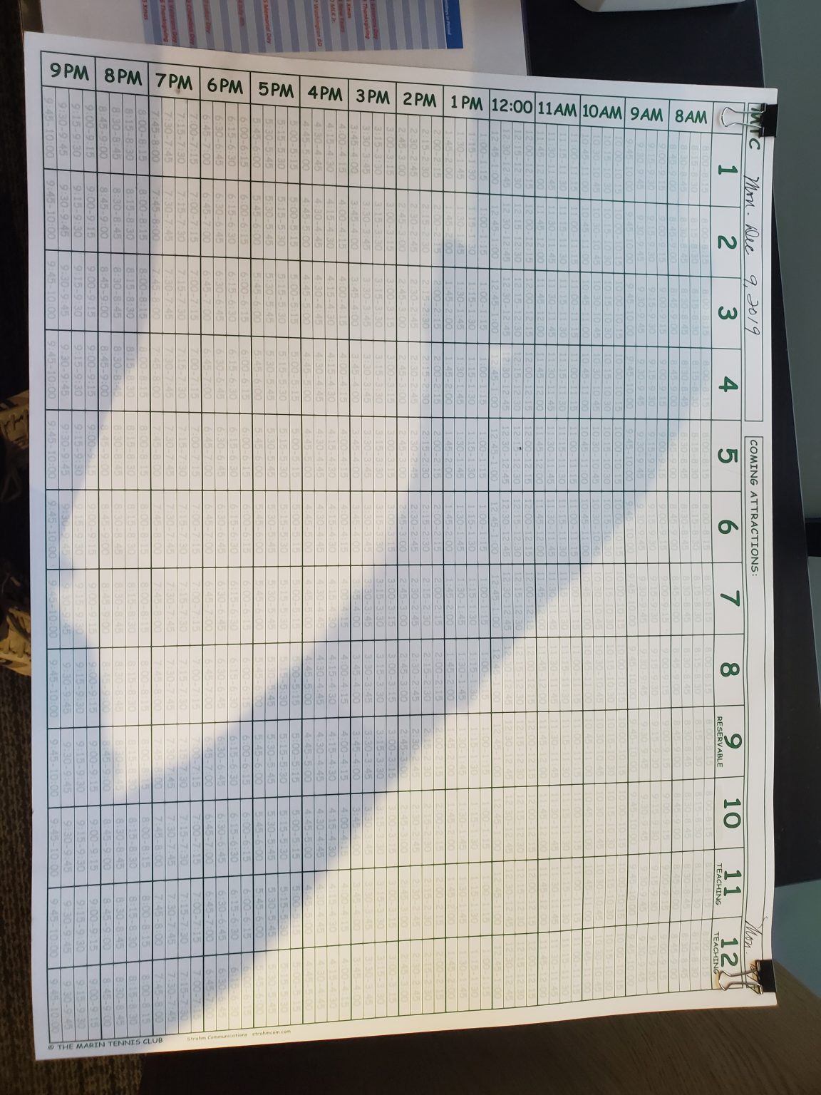 court chart pad Marin Tennis Club